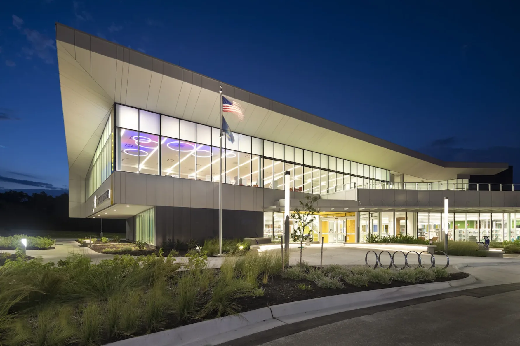 Exterior of johnson county monticello library in the night time