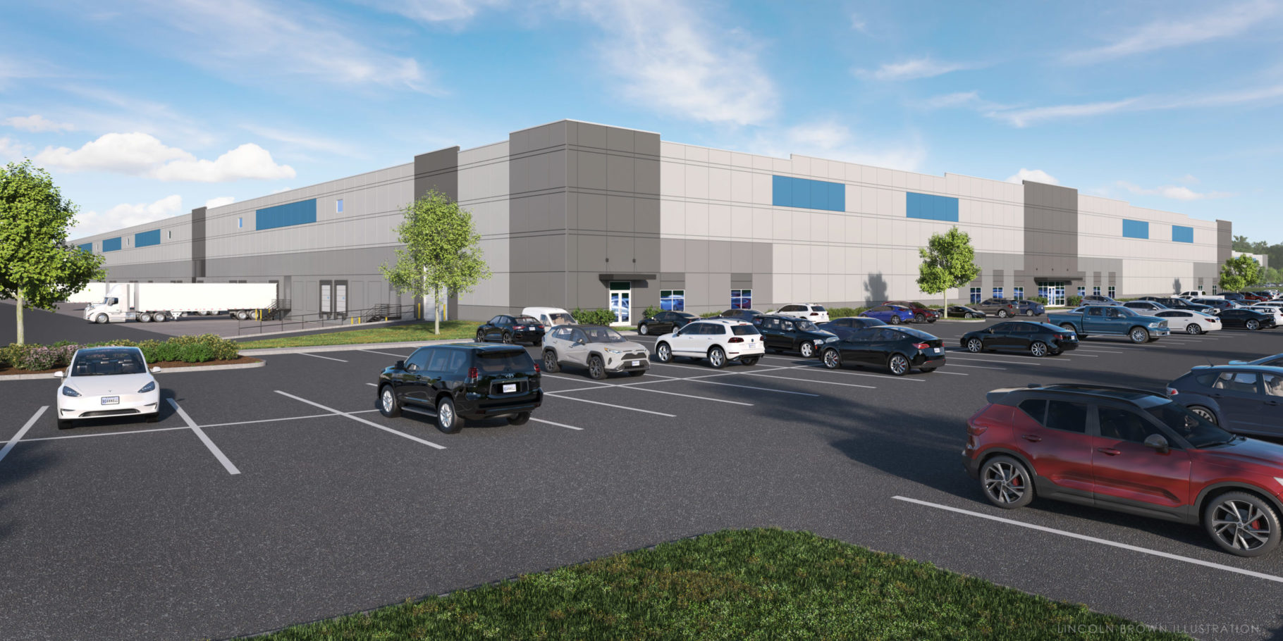 A parking lot view of the rending of Scannell Properties Project Superbowl, built by McCownGordon Construction in Kansas City, KS