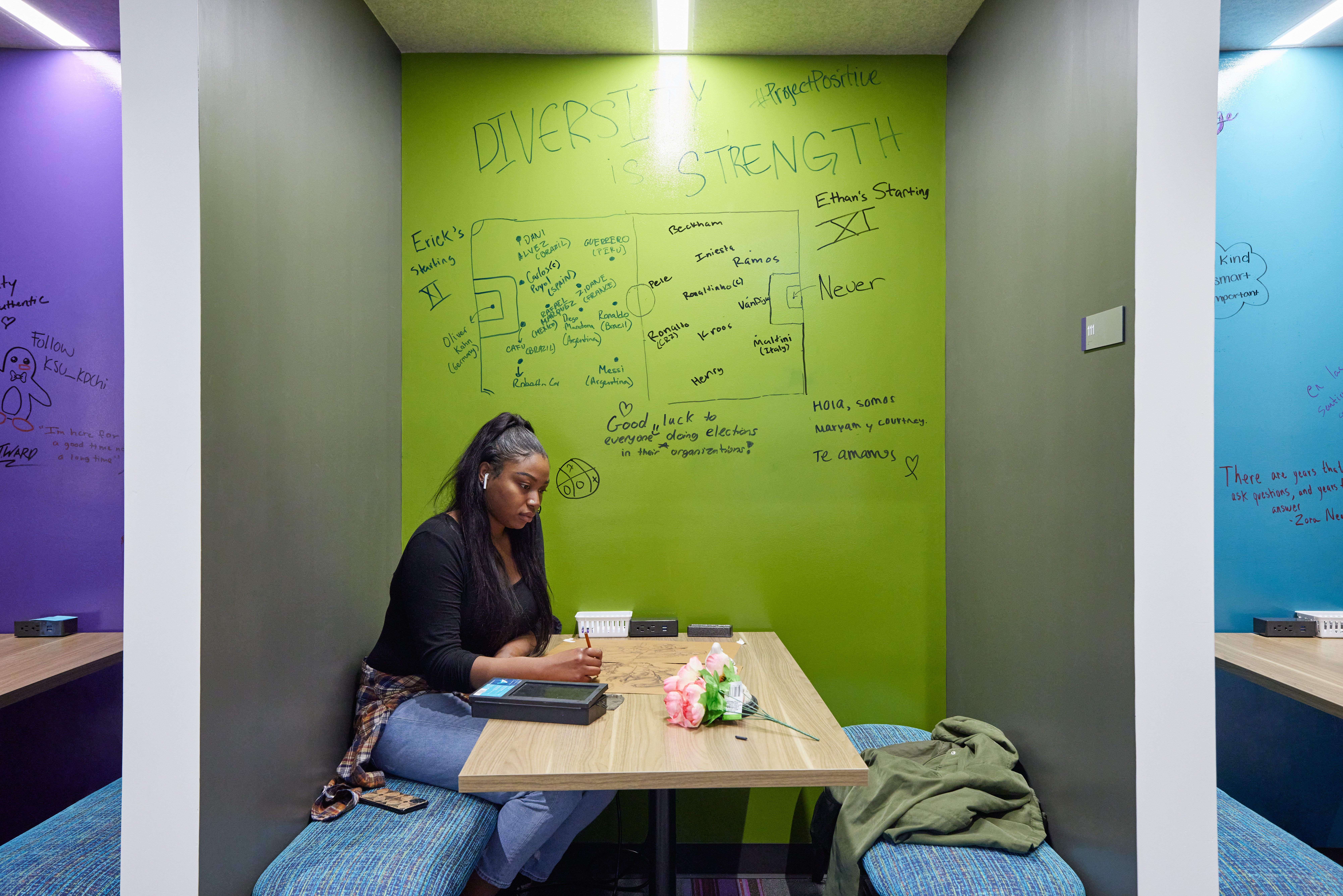A student using a study space at the Multicultural Center being built by McCownGordon Construction