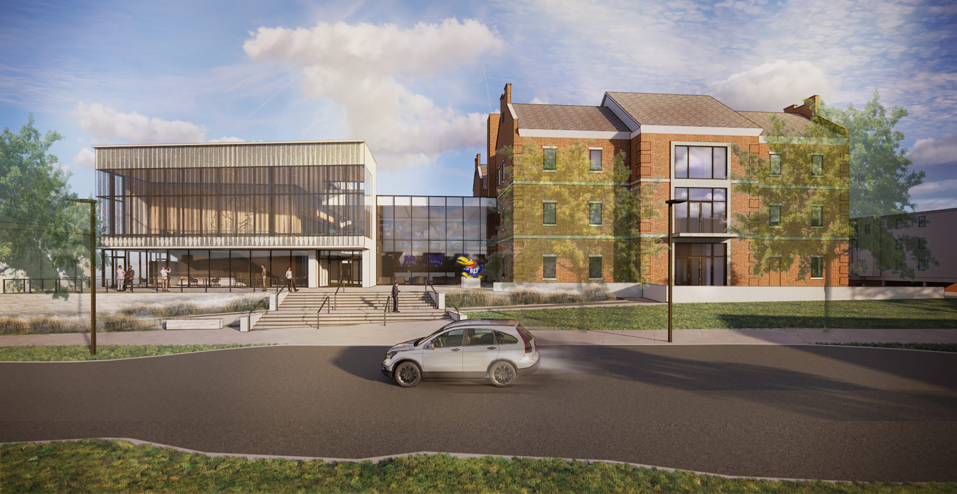 A rendering of the exterior of the University of Kansas Jayhawk Welcome Center being built by McCownGordon Construction