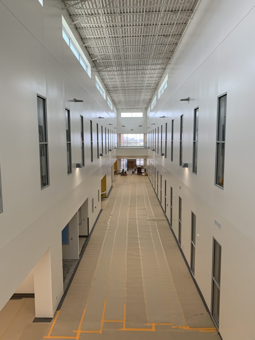 A photo of the hallway construction taking place at the Raven Precision Agriculture Center.