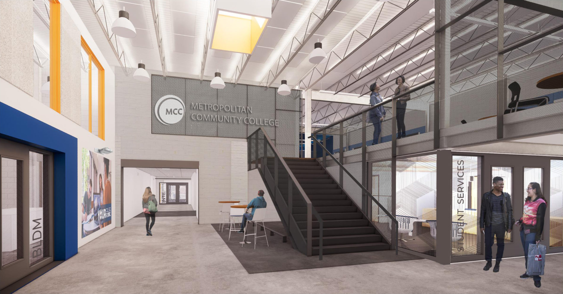 An interior rendering of the first floor entry at MCC.