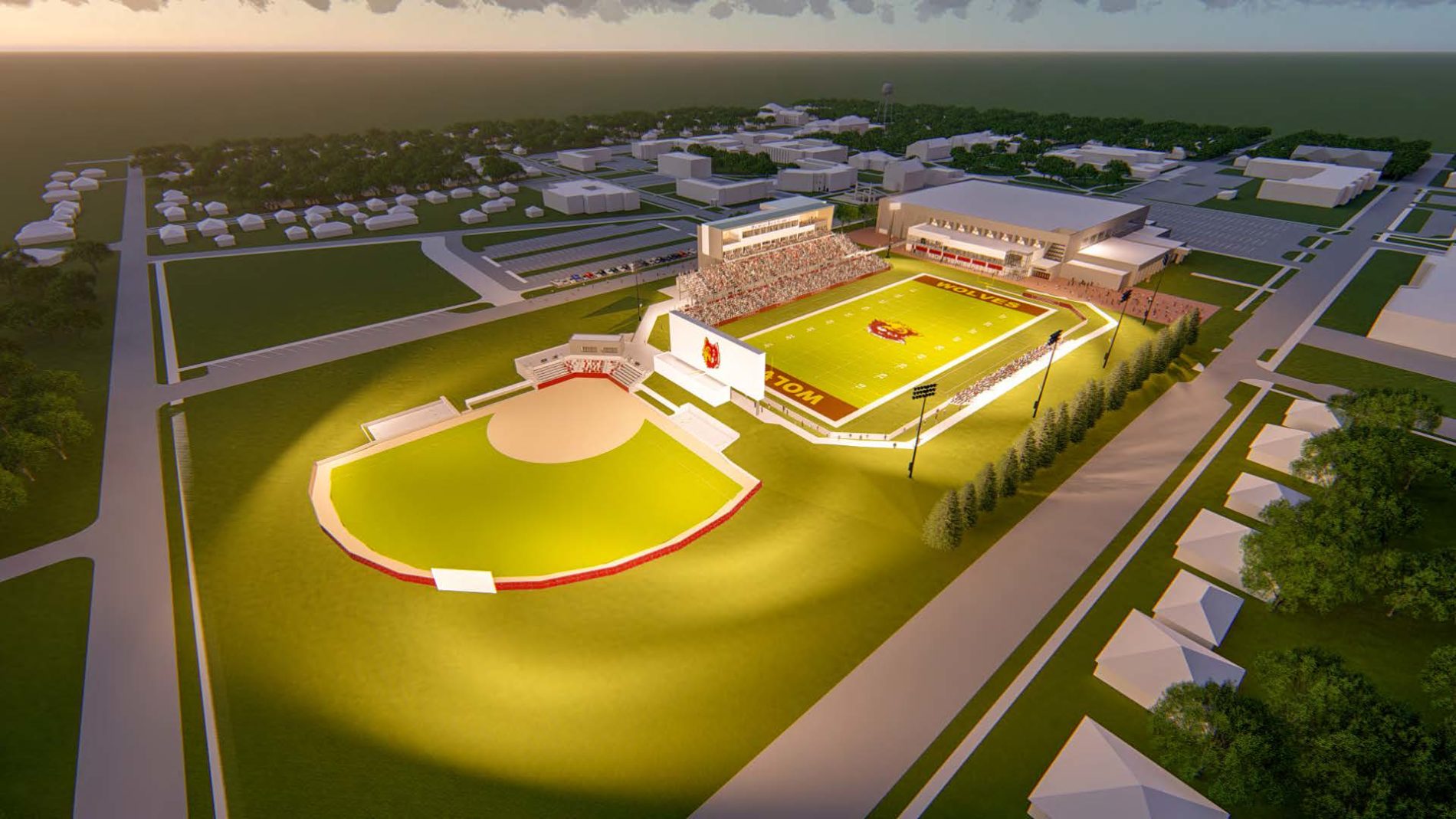 A rendering of the football and baseball fields at the NSU Regional Athletic Complex that is being constructed by McCownGordon