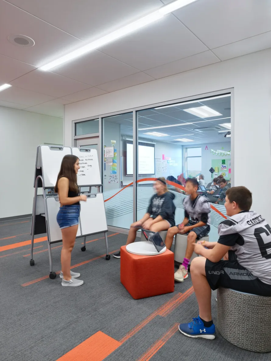 Students working together outside of a class room at Olathe USD 233 Summit Trail Middle School