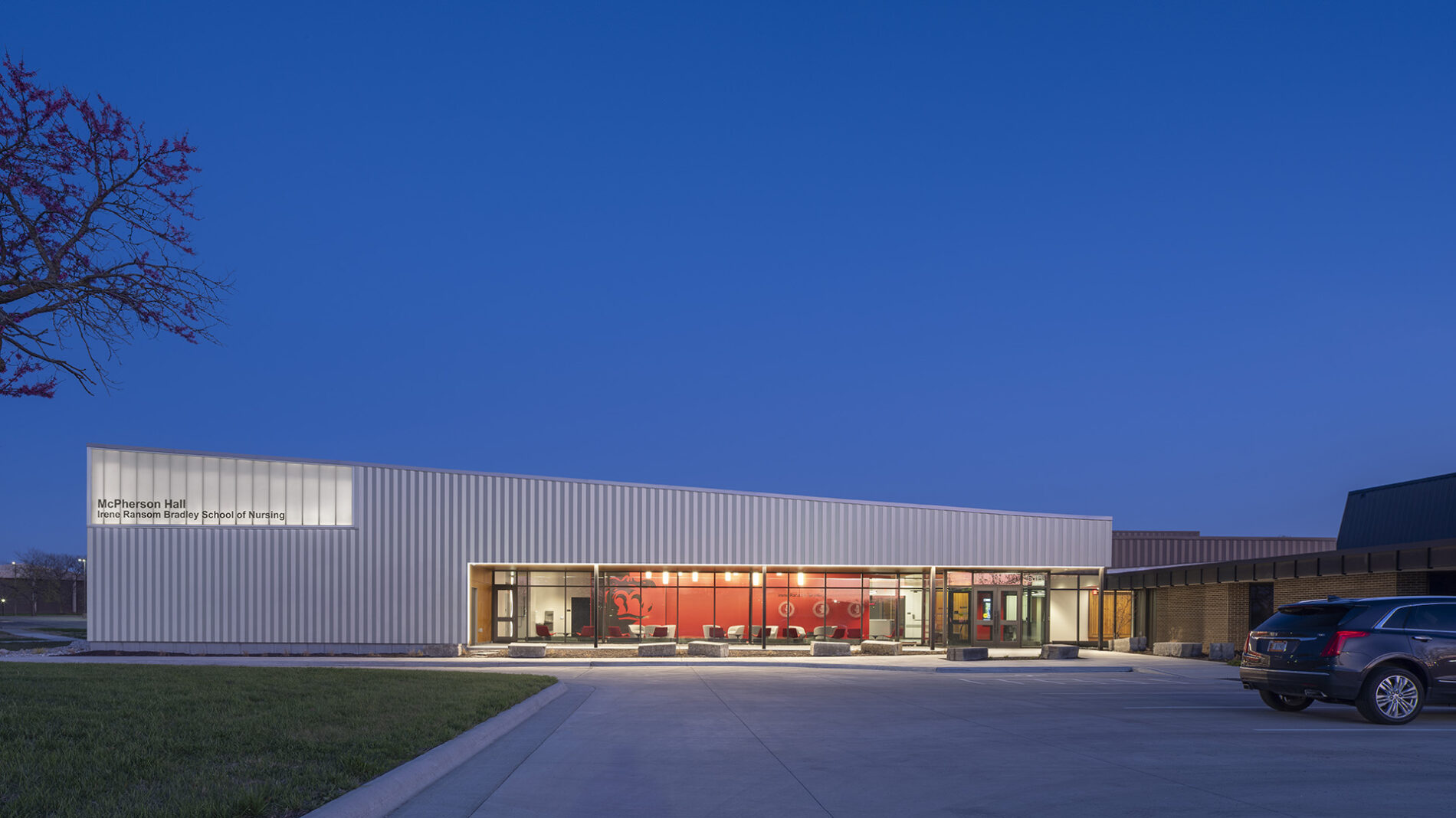 An exterior photo of McPherson Hall at Pittsburg State University, a nursing school built by McCownGordon