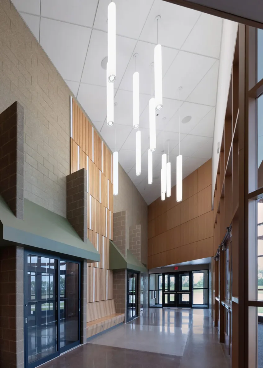 The entryway at Basehor Linwood Middle School, built by McCownGordon.
