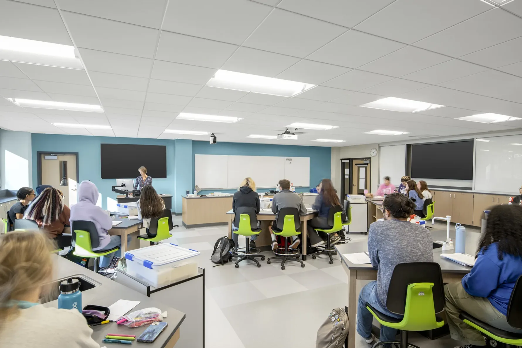 students working in a science classroom