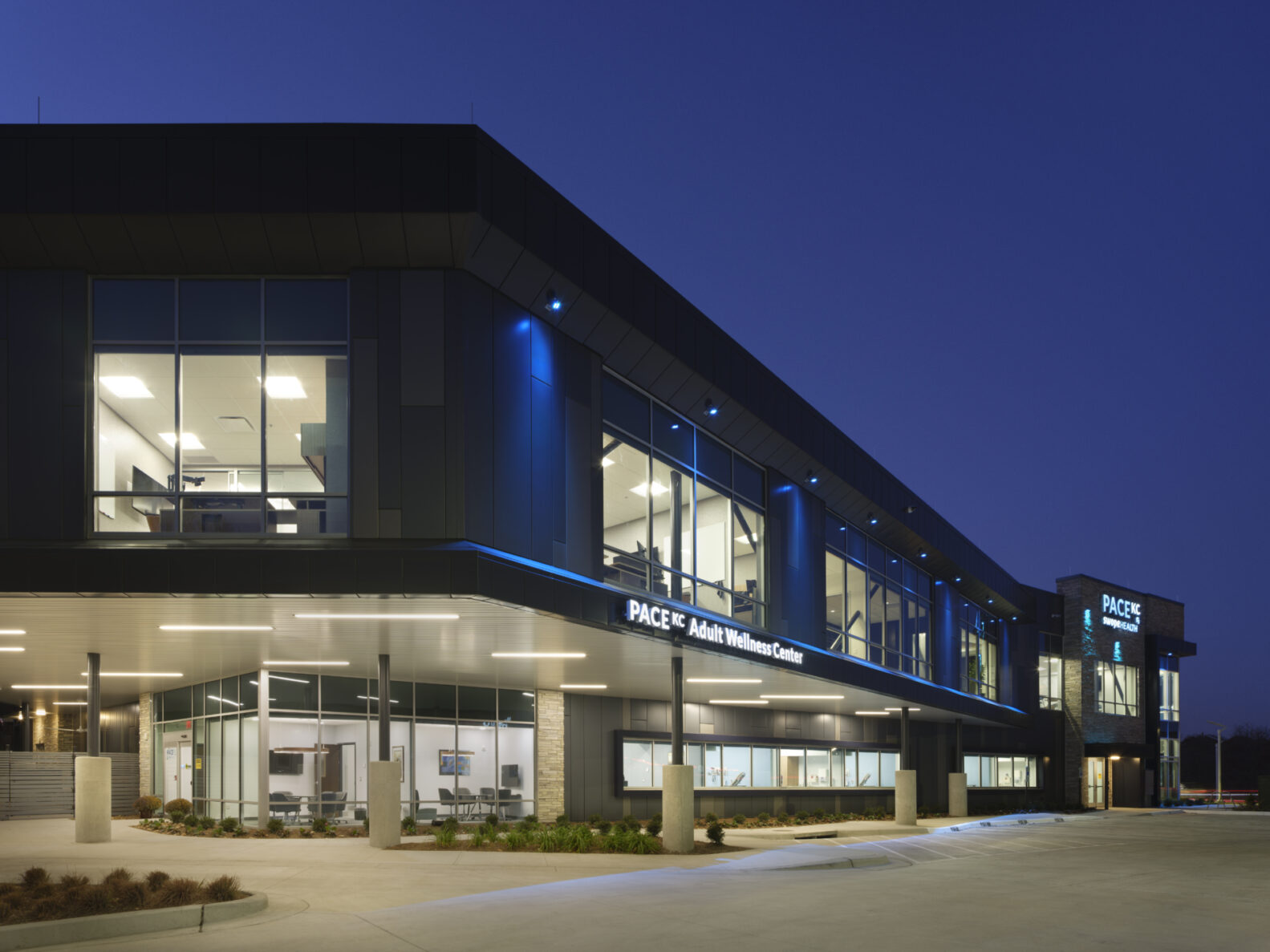 Exterior shot of the PACE KC Swope Health Adult Wellness Center, built by McCownGordon.