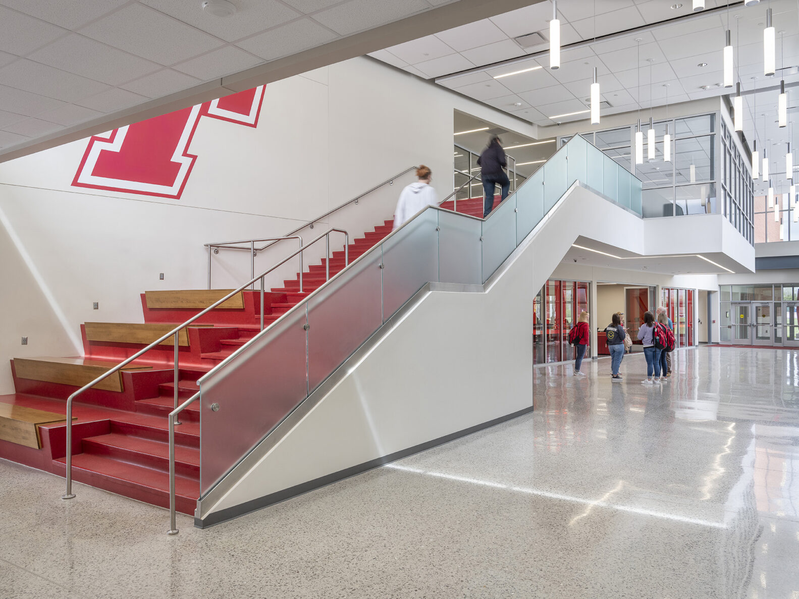 A long stairwell at Tonganoxie High School, renovated by McCownGordon Construction