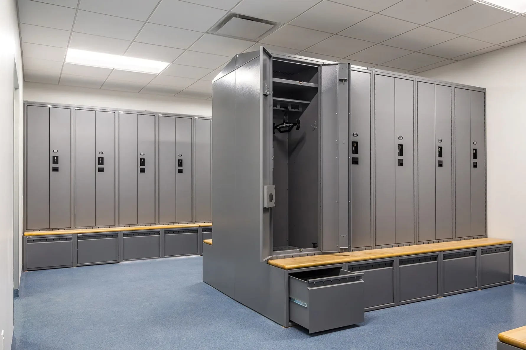 An empty locker room for police officers to use at the Great Bend Justice Center.