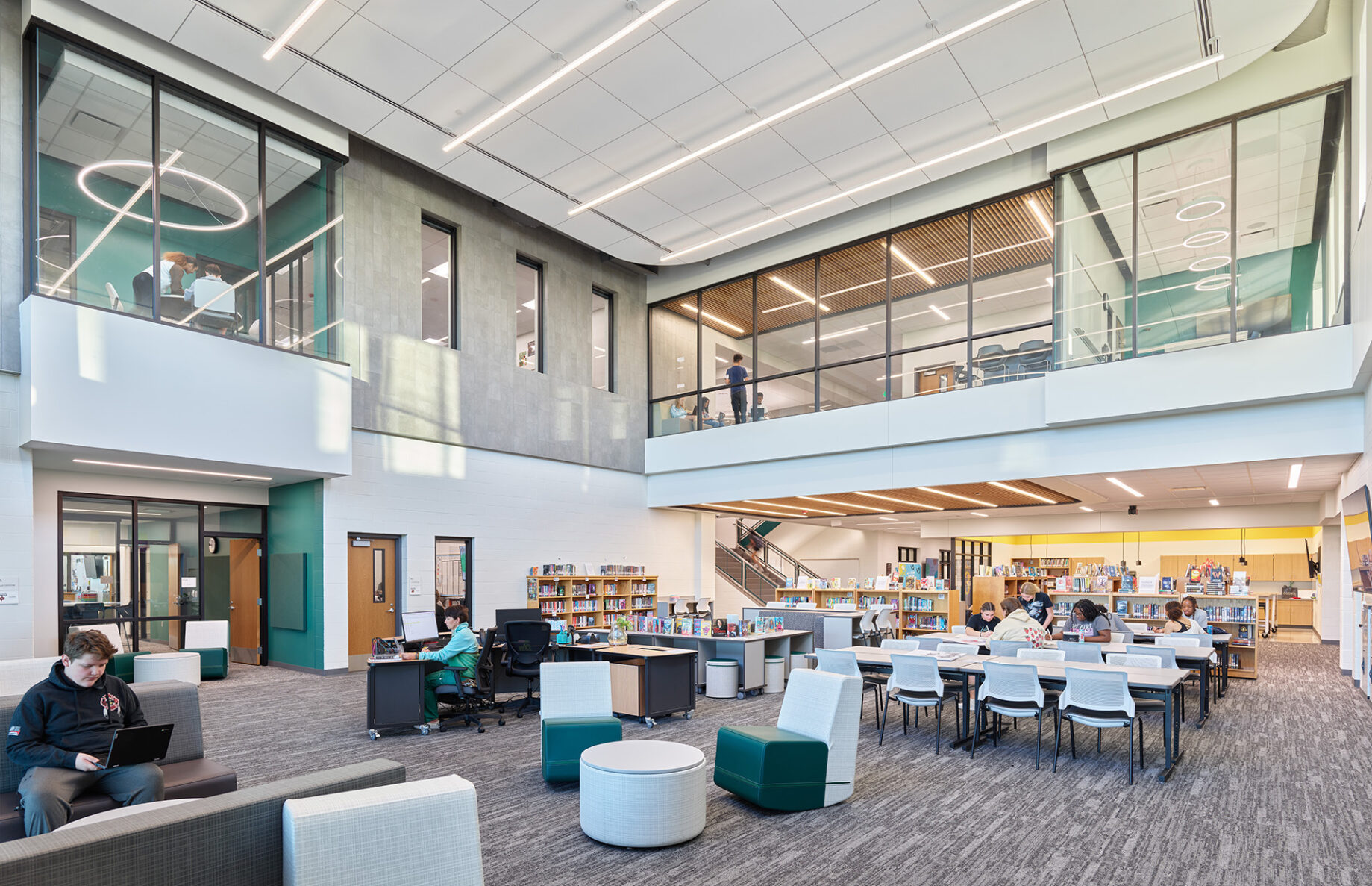 students studying in the library area at Platte Purchase Middle School