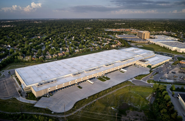 An aerial drone shot of Garmin's warehouse, built my McCownGordon