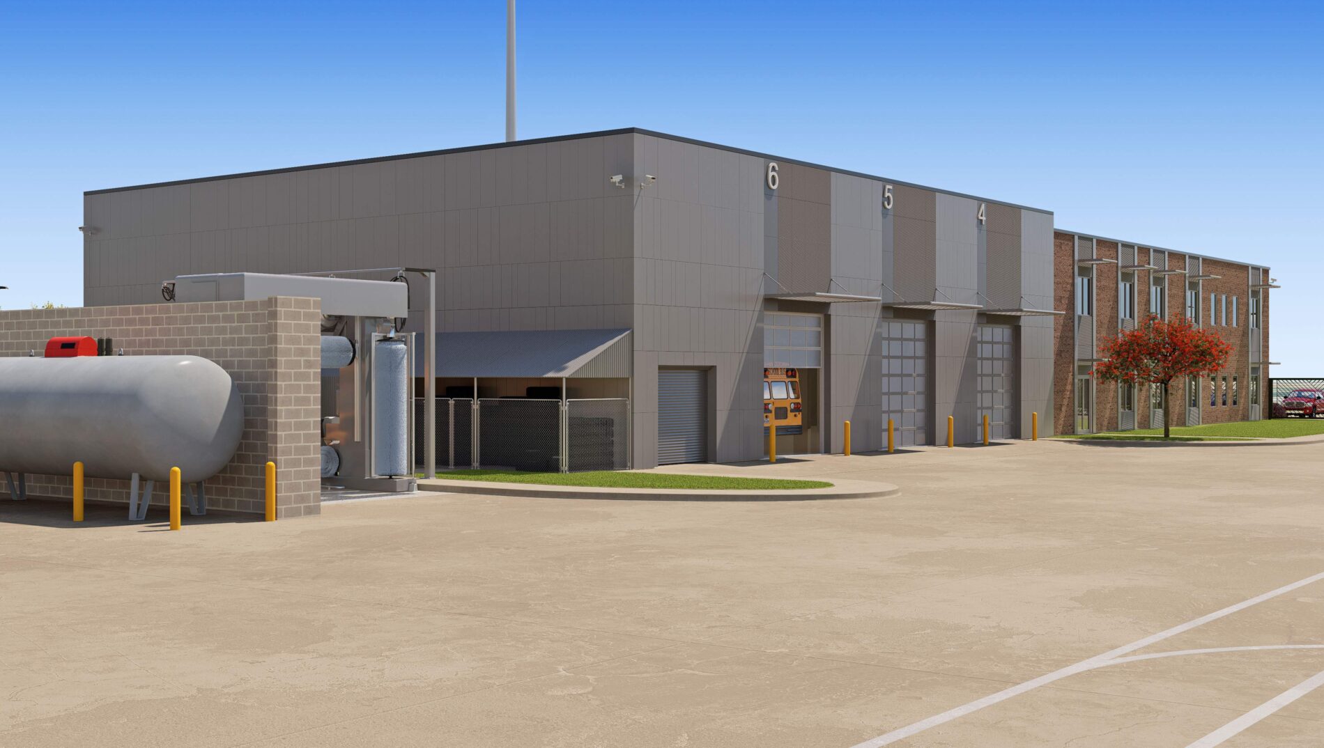 A rendering of the student transportation and logistics center at Irving ISD