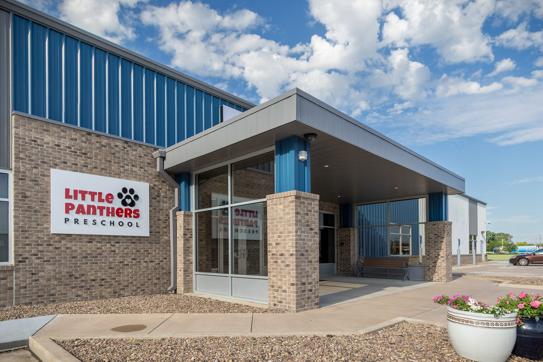 The entrance of Little Panthers Preschool in Great Bend - built by McCownGordon Construction.