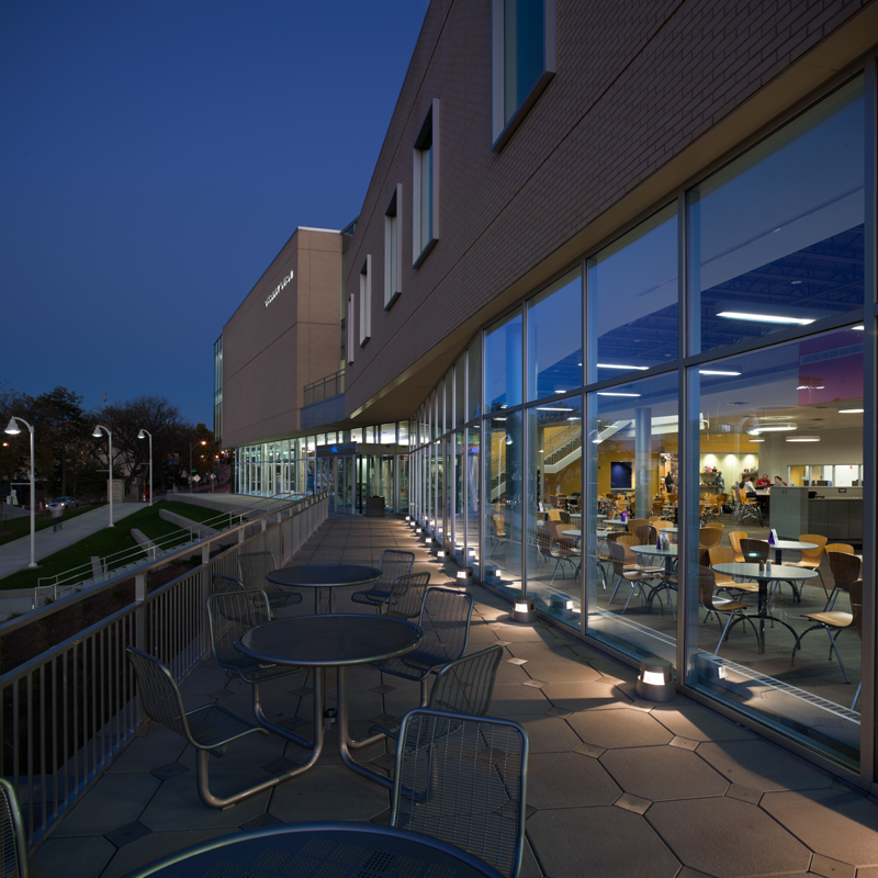 an outdoor sitting area for students