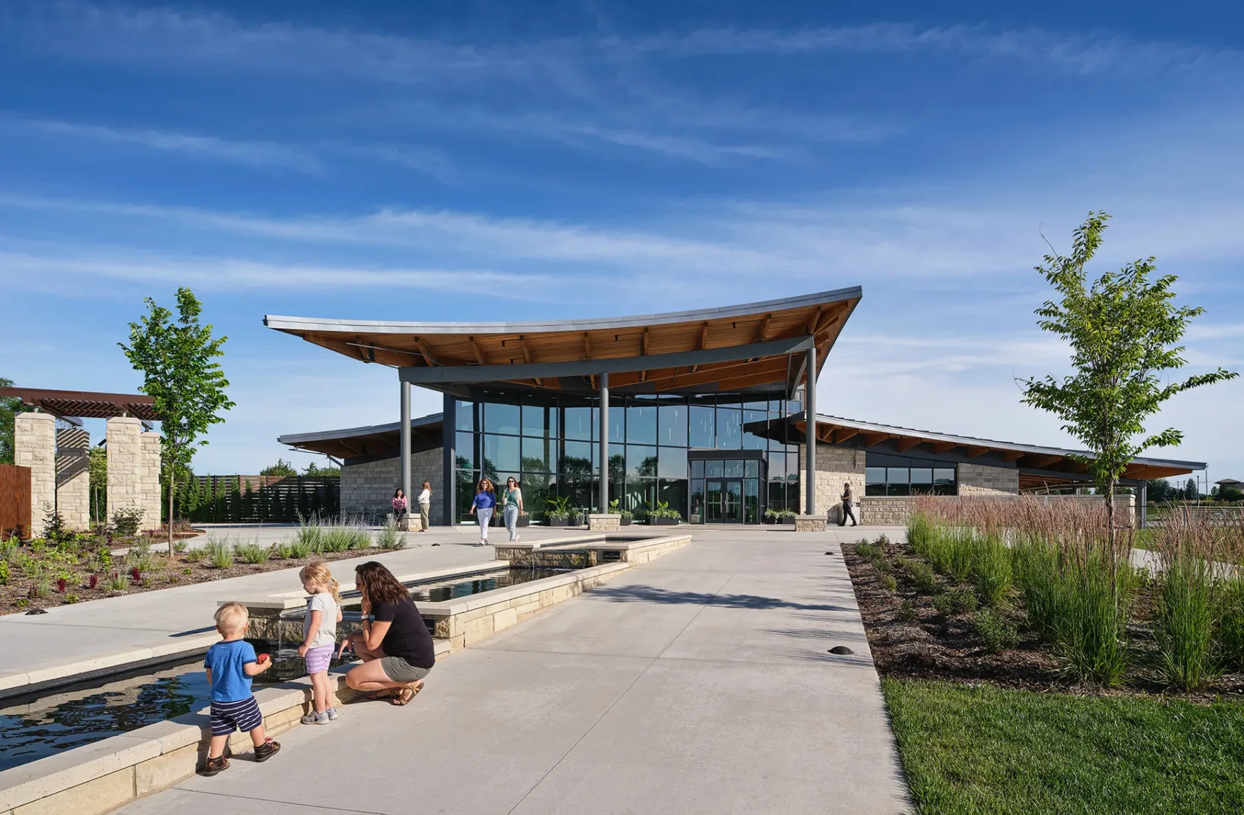 City of Overland Park Arboretum -front fountain with families and guests