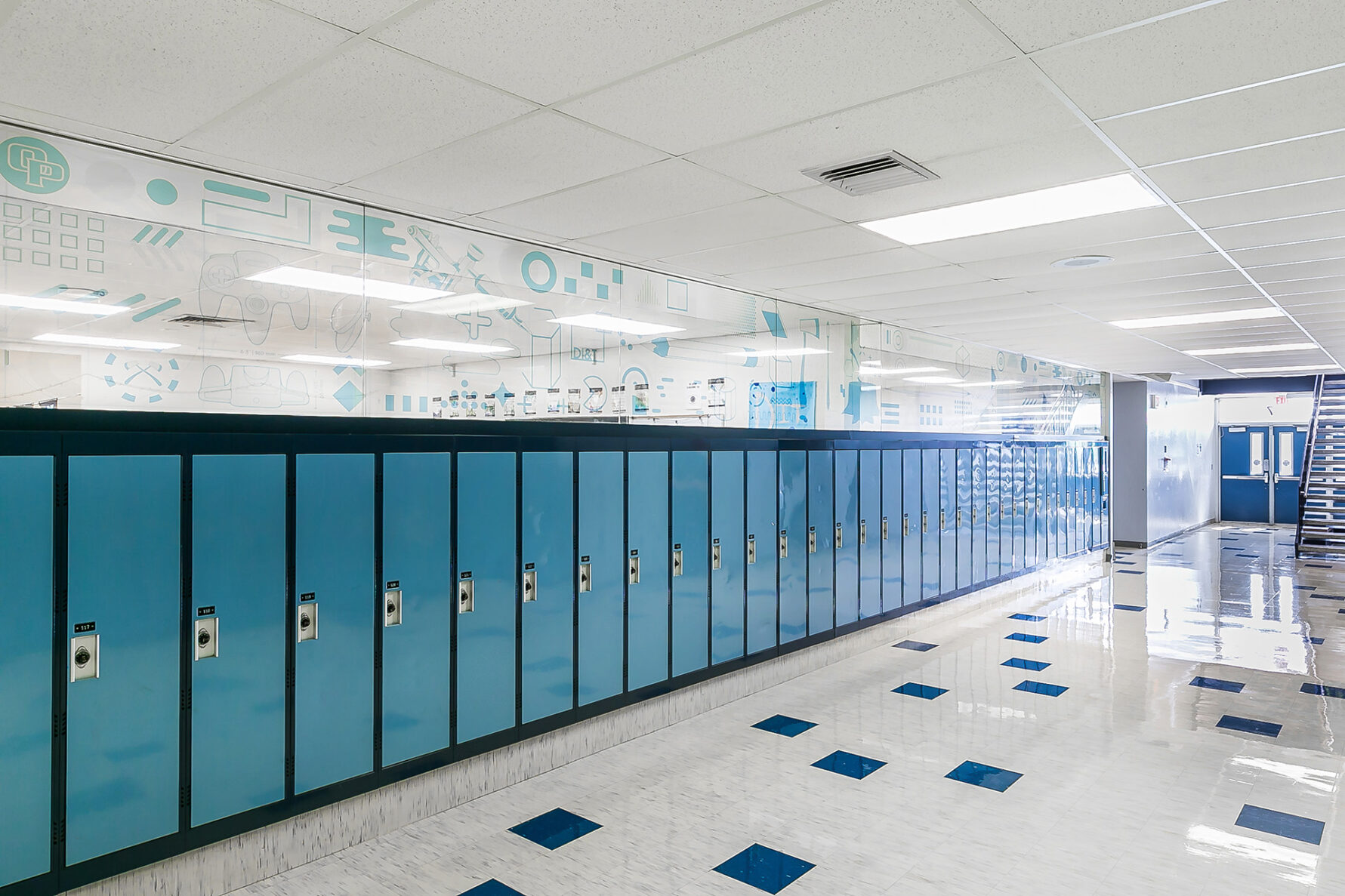 Renovated hallway of blue lockers at Oak Park High School