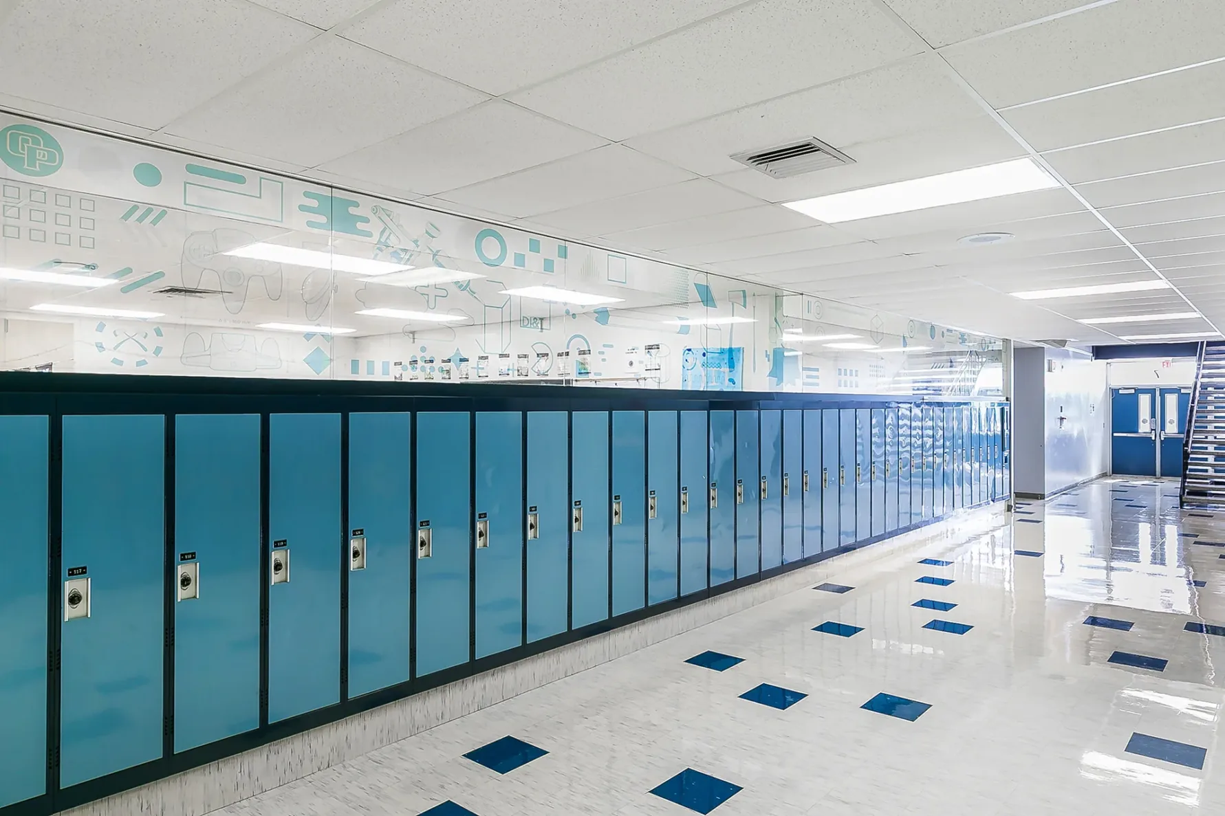 Renovated hallway of blue lockers at Oak Park High School