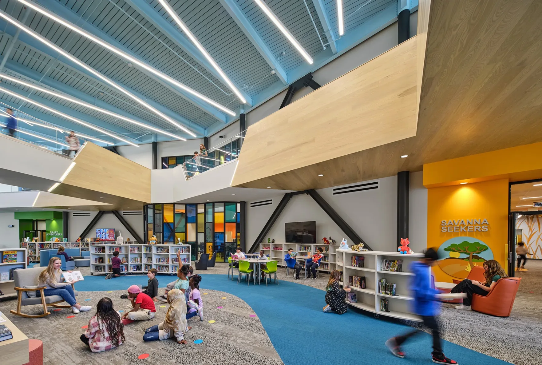 Crestview Elementary media center with students learning and reading