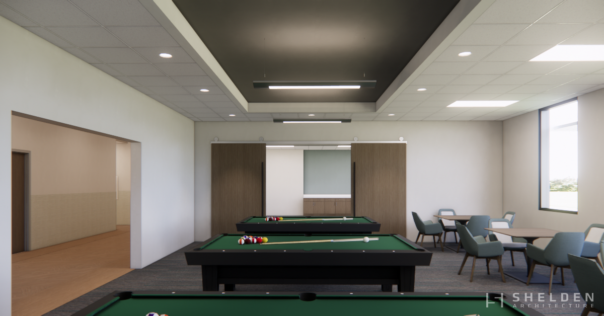 Rendering of the billiards room with three pool tables for local residents at the Park City Senior Center