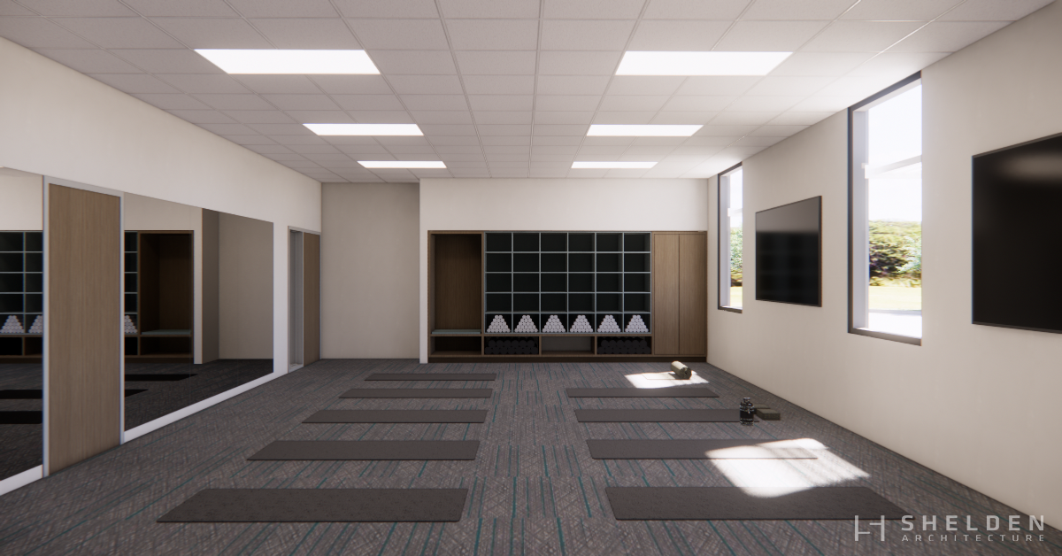 Rendering of the fitness center with lockers and rows of yoga mats for local residents at the Park City Senior Center