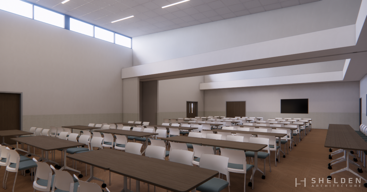 Rendering of the multipurpose room with rows of empty tables at the Park City Senior Center