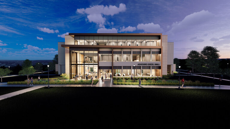 Exterior Rendering of Washburn University Advisors Excel Hall.