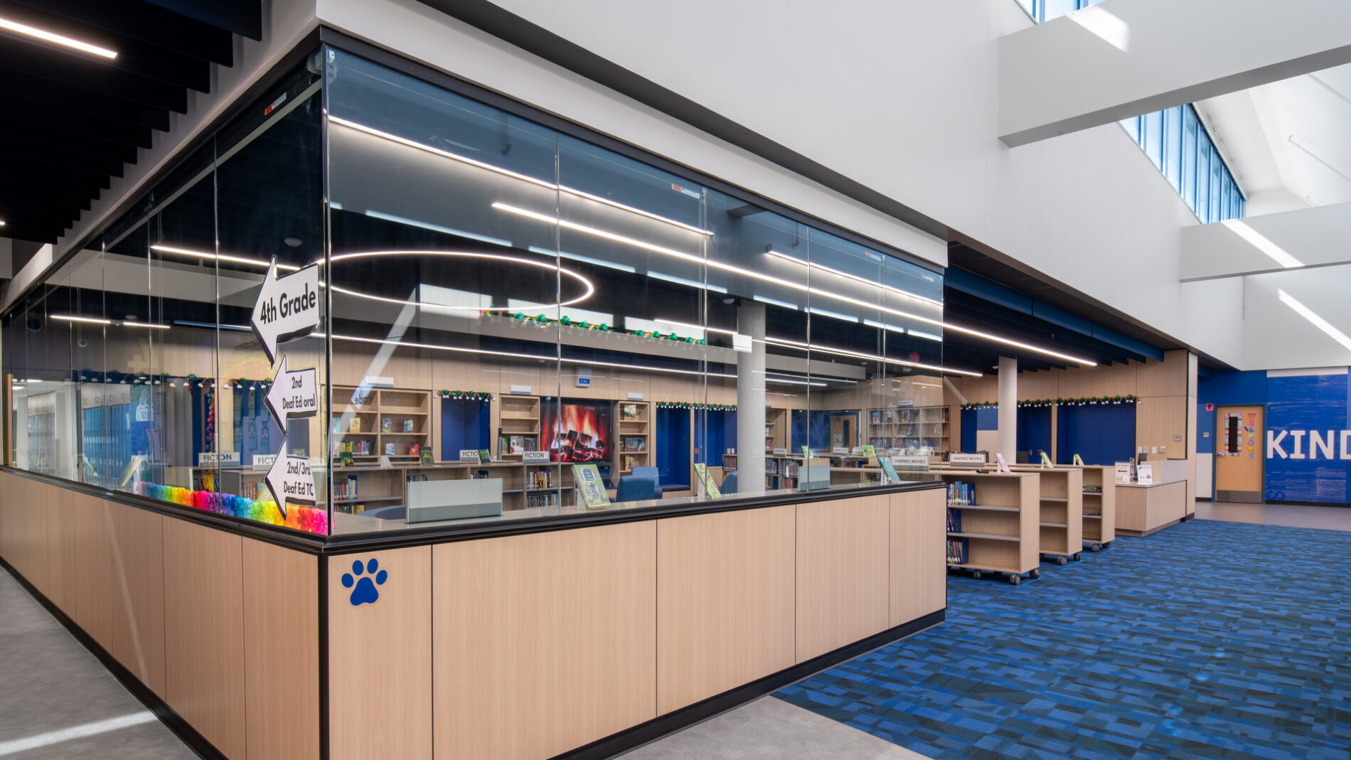 Glass divider wall in library