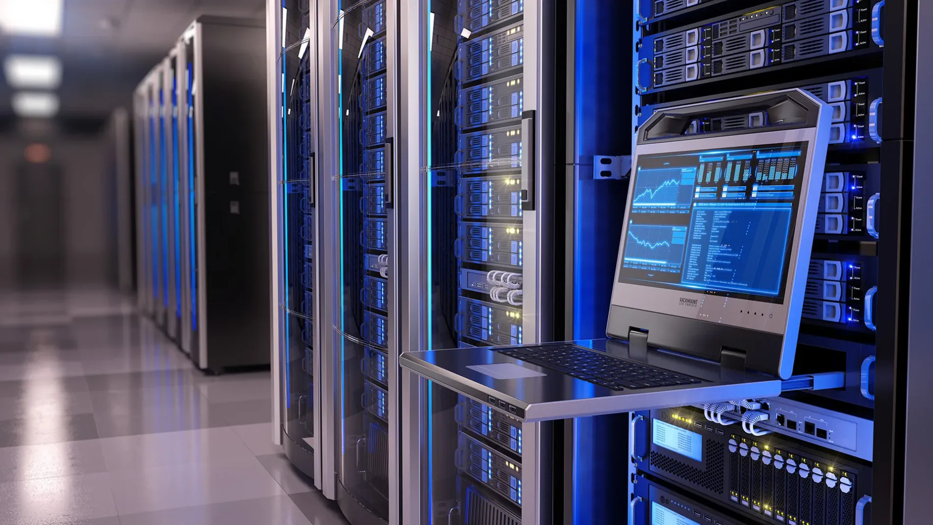 LED console in server room of a data center